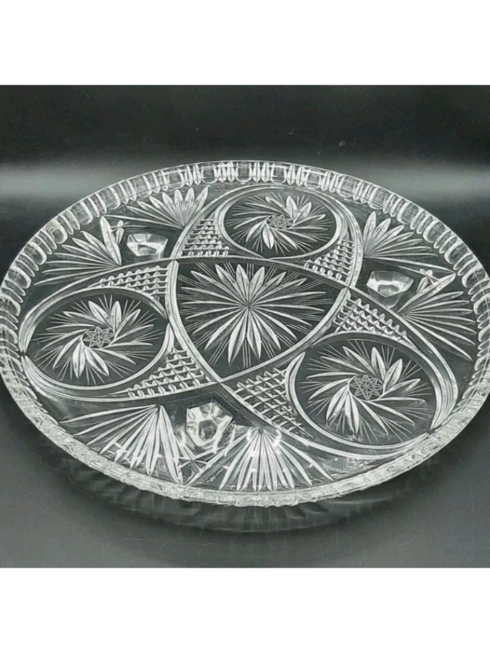 Vtg Starburst Crystal Round Serving Platter Footed Cut Glass Plant Stand 12 1/2"